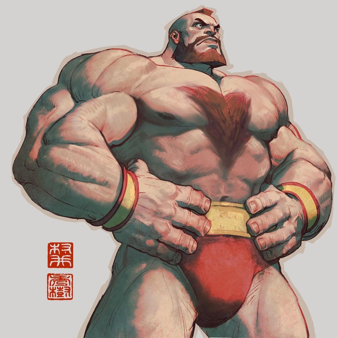 1boy abs beard chest_hair facial_hair feet_out_of_frame hands_on_hips large_pectorals male_focus mature_male mohawk muscular muscular_male mustache navel nipples pectorals short_hair sideburns solo standing stomach street_fighter thick_thighs thighs topless_male will_murai wrestling_outfit zangief