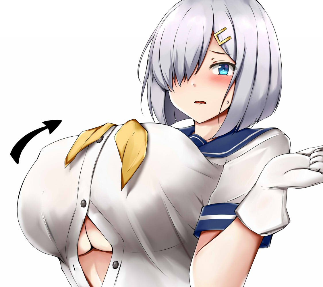 1girl blue_eyes blush breasts gloves hair_ornament hair_over_one_eye hairclip hamakaze_(kancolle) kantai_collection large_breasts looking_at_viewer open_clothes open_shirt parted_lips school_uniform serafuku short_hair short_sleeves silver_hair simple_background solo sweatdrop terakoya underboob white_background white_gloves