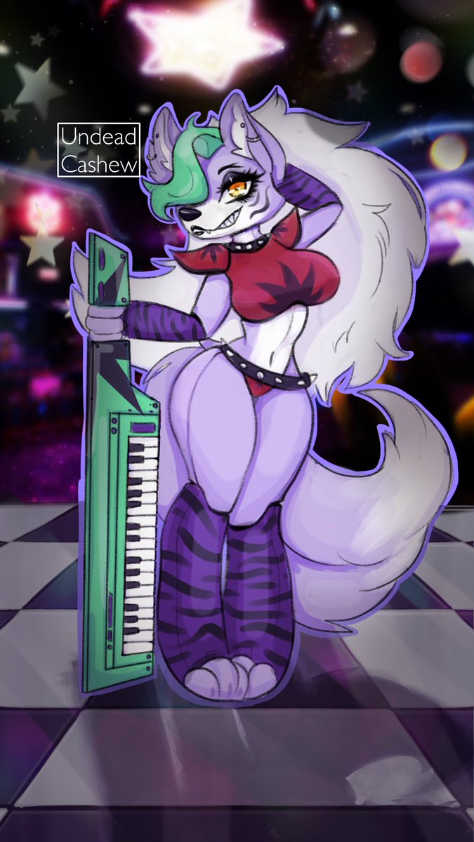 animatronic anthro canid canine canis clothed clothing collar ear_piercing ear_ring female five_nights_at_freddy's five_nights_at_freddy's:_security_breach hair hi_res keyboard_instrument keytar leggings legwear machine mammal musical_instrument piercing pose robot roxanne_wolf_(fnaf) scottgames solo spiked_collar spikes undead_cashew video_games wolf yellow_eyes