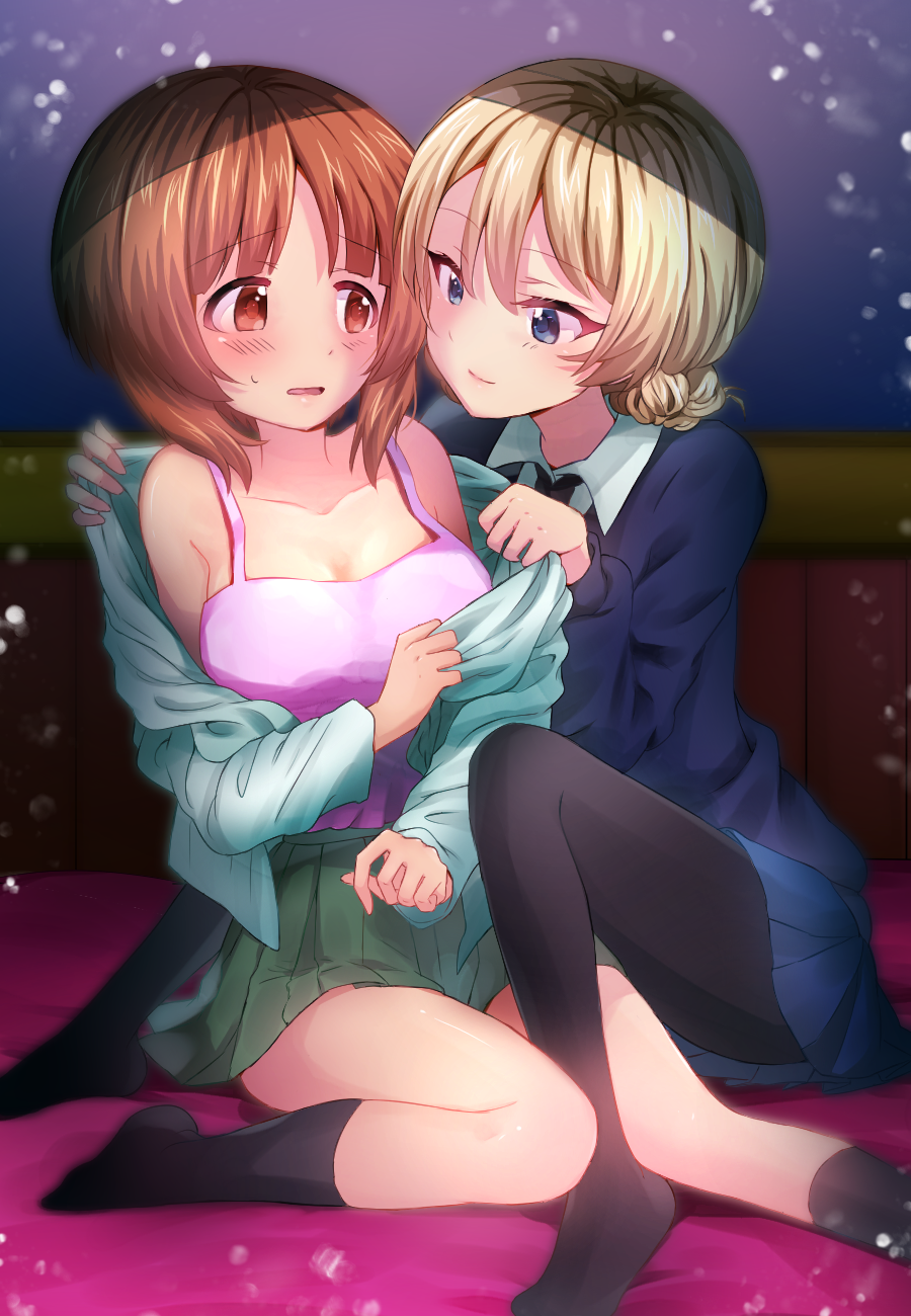 2girls bangs black_legwear blonde_hair blouse blue_eyes blue_skirt blue_sweater blush braid brown_eyes brown_hair camisole closed_mouth clothes_pull darjeeling_(girls_und_panzer) dress_shirt eyebrows_visible_through_hair frown girls_und_panzer highres indoors light_particles long_sleeves looking_at_another miniskirt multiple_girls nishizumi_miho no_shoes on_bed ooarai_school_uniform open_blouse open_clothes open_mouth pantyhose pink_shirt pleated_skirt pulled_by_another rurikoke school_uniform serafuku shirt shirt_pull short_hair sitting skirt smile st._gloriana's_school_uniform straddling sweatdrop sweater tied_hair undressing_another wariza white_blouse white_shirt wing_collar yuri