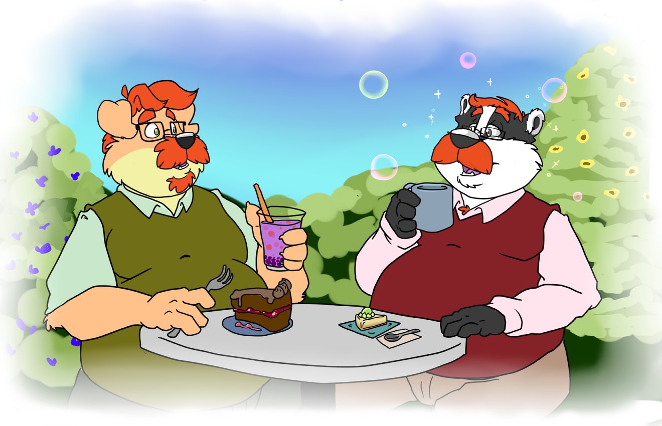 2021 anthro badger beverage black_body black_nose bravo brown_body cake canid canine canis clothing dessert domestic_dog duo eyewear facial_hair food glasses humanoid_hands male mammal mature_male mug mustache mustelid musteline outside overweight overweight_male shirt sitting sweater sweater_vest topwear vest white_body