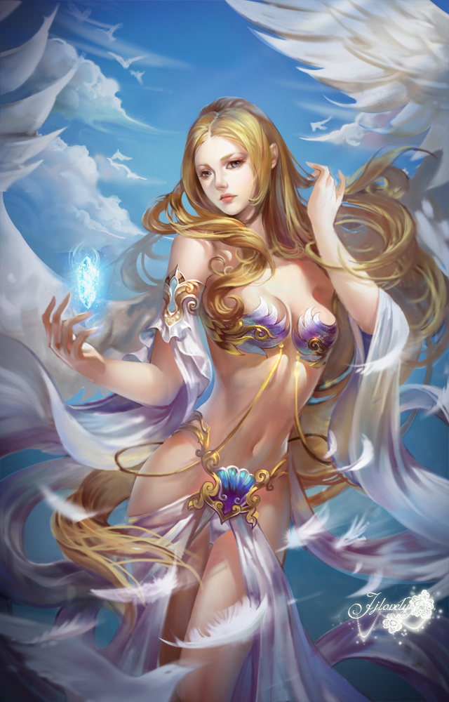 1girl absurdly_long_hair aphrodite blonde_hair cloud crystal falling_feathers feathered_wings feathers greek_mythology jjlovely long_hair looking_at_viewer sky solo tagme very_long_hair wings