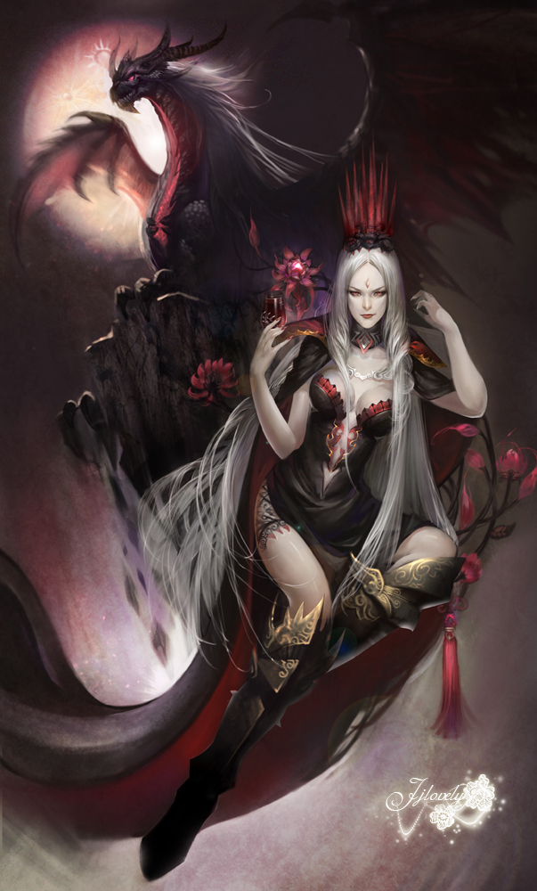 1girl absurdly_long_hair black_dress black_footwear boots breasts cleavage crown dragon dress full_moon holding_wine_glass huge_moon jjlovely long_hair looking_at_viewer moon original red_crown red_eyes solo tagme very_long_hair white_hair