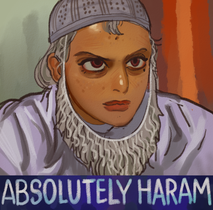 1girl blue_robe brown_eyes english_text fake_beard fake_facial_hair freckles genderswap genderswap_(ftm) grey_hair grey_headwear looking_to_the_side meme mole mole_under_eye mossacannibalis murgan_salem_al-gohary muslim real_life robe skull_cap solo upper_body v-shaped_eyebrows