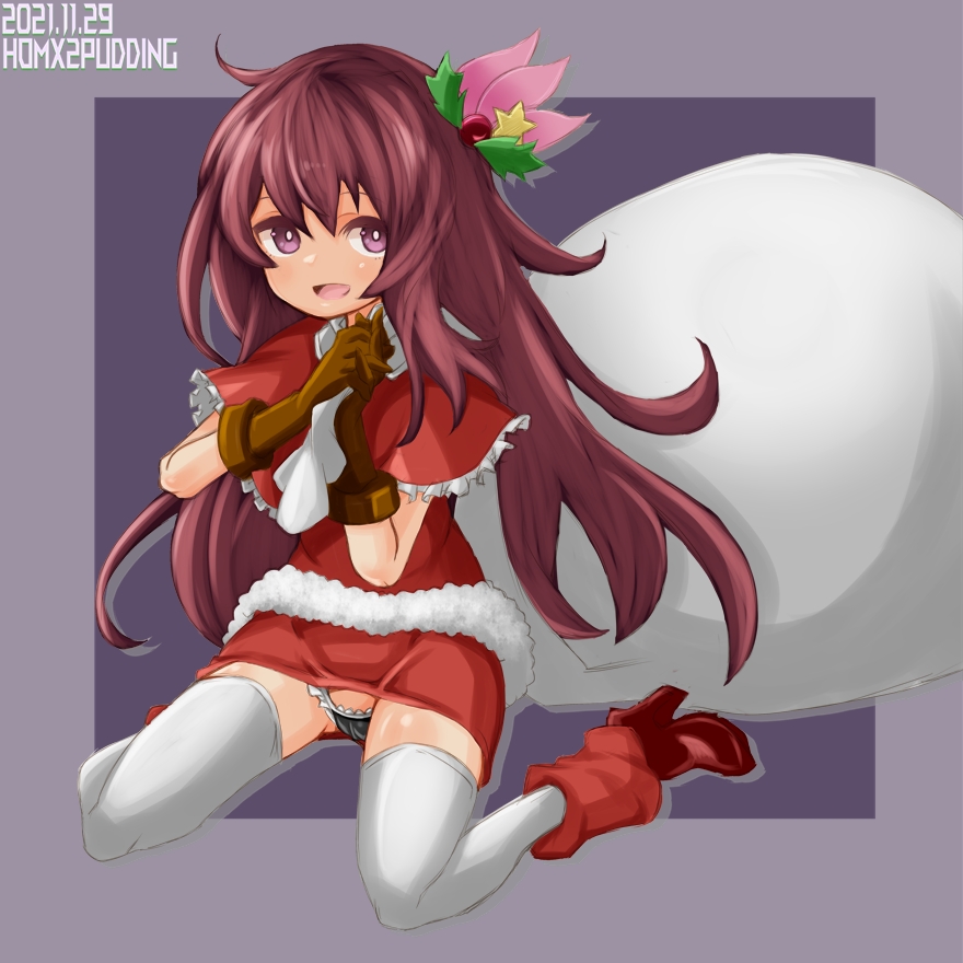 1girl bangs black_panties brown_gloves brown_hair capelet christmas commentary_request dress flower fur-trimmed_capelet fur-trimmed_dress fur_trim gloves hair_flower hair_ornament holding holding_sack kantai_collection kisaragi_(kancolle) long_hair looking_at_viewer open_mouth panties pantyshot puddinghomhom purple_eyes red_capelet red_dress red_footwear red_skirt remodel_(kantai_collection) ribbon sack santa_costume santa_dress skirt smile solo thighhighs underwear white_legwear zettai_ryouiki