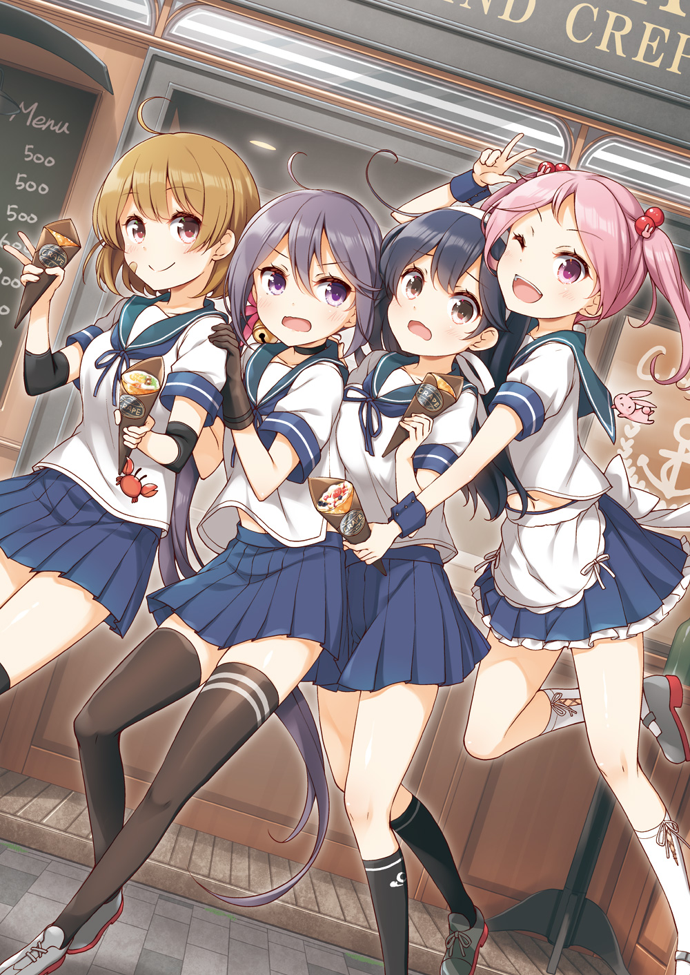 2others 4girls ;d ahoge akebono_(kancolle) animal bandaid bandaid_on_face bell black_hair black_legwear blue_sailor_collar blue_skirt brown_eyes brown_gloves bunny closed_mouth crab crepe eyebrows_visible_through_hair flower food gloves hair_bell hair_between_eyes hair_bobbles hair_flower hair_ornament highres holding holding_food jingle_bell kantai_collection kneehighs light_brown_hair long_hair multiple_girls multiple_others oboro_(kancolle) one_eye_closed open_mouth pet pink_eyes pink_flower pink_hair pleated_skirt purple_eyes purple_hair remodel_(kantai_collection) sailor_collar sazanami_(kancolle) school_uniform serafuku short_hair short_sleeves side_ponytail skirt smile thighhighs twintails ushio_(kancolle) v white_legwear yume_no_owari