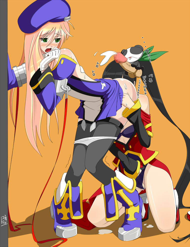 2girls arc_system_works beret bisexual black_hair blazblue blazblue:_calamity_trigger blonde_hair blush censored cum cum_on_back cum_on_body cum_on_clothes cum_on_upper_body cunnilingus green_eyes hand_in_panties hat kotuzui_yositune litchi_faye_ling long_hair marrow_(pixiv477513) masturbation multiple_girls noel_vermillion open_mouth oral panda panties penis red_ribbon ribbon thighhighs underwear uniform very_long_hair what yuri