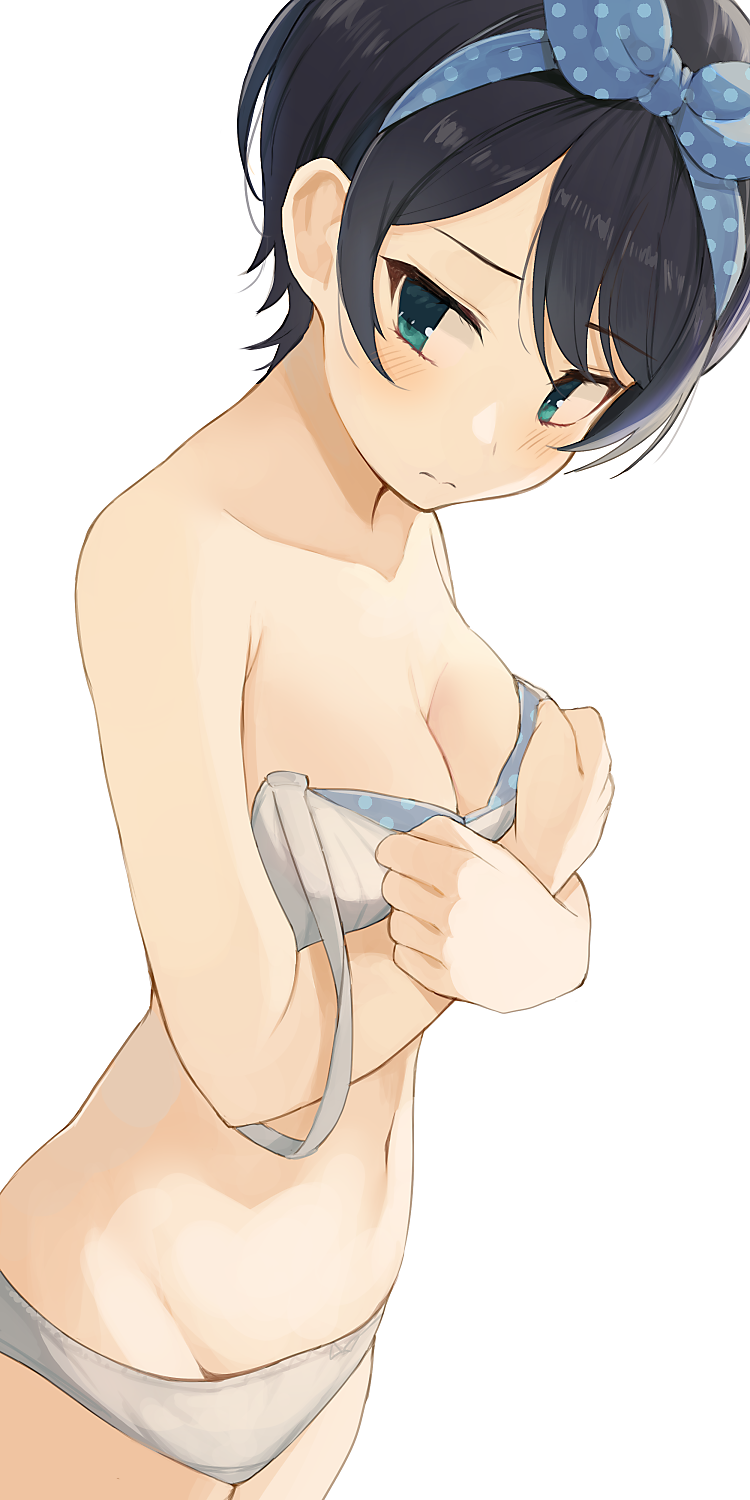 1girl bangs bare_shoulders black_hair bra breasts cleavage closed_mouth collarbone crossed_arms eyebrows_visible_through_hair hair_intakes hair_ribbon highres hiroki_(yyqw7151) kanojo_okarishimasu light_blush looking_at_viewer navel panties parted_bangs polka_dot polka_dot_bra polka_dot_ribbon ribbon sarashina_ruka short_hair simple_background solo swept_bangs underwear underwear_only white_background white_bra white_panties