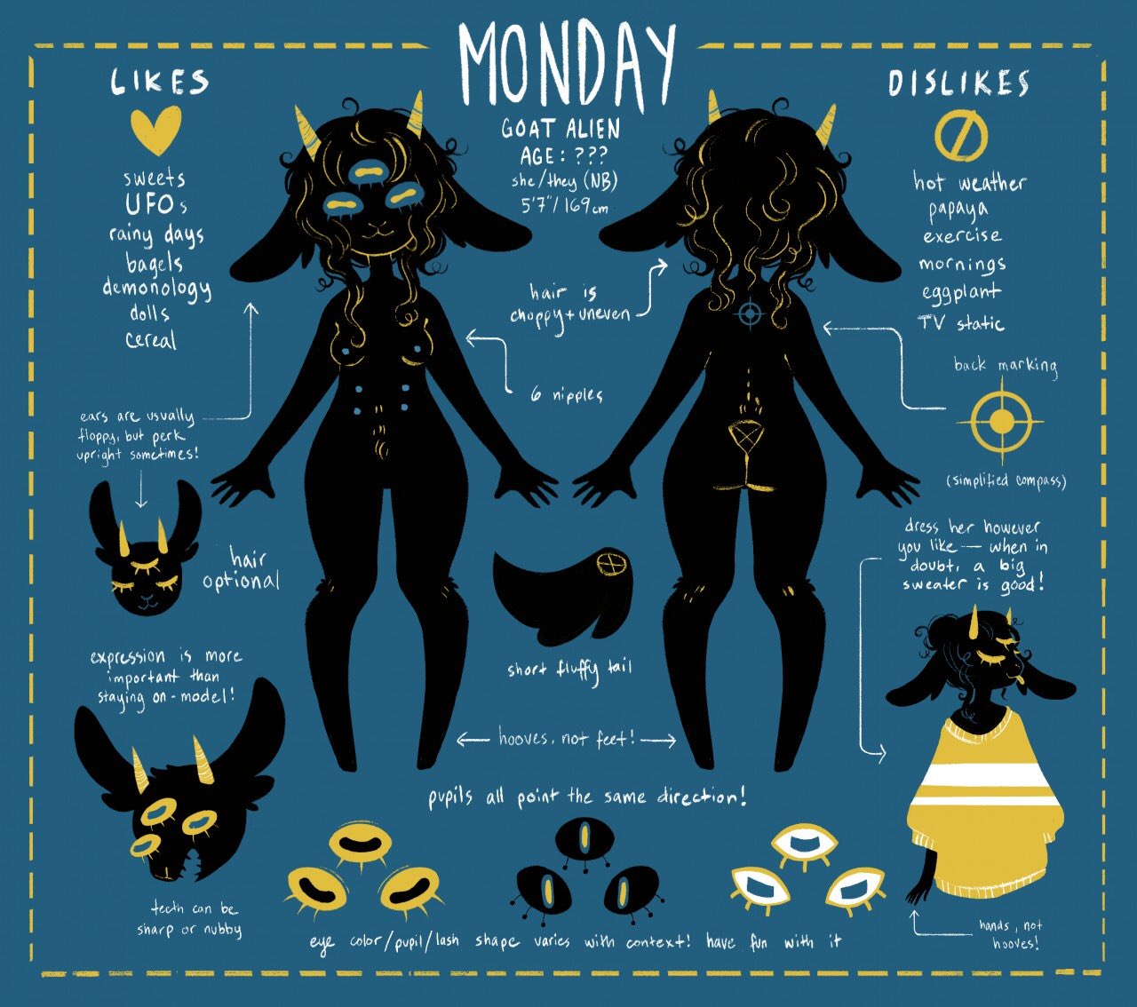 3_eyes alien anthro black_body black_fur black_hair blue_eyes bovid breasts butt caprine clothing english_text female fur goat hair hooves horn hybrid mammal model_sheet monday_(whoismonday) multi_eye nipples solo text whoismonday