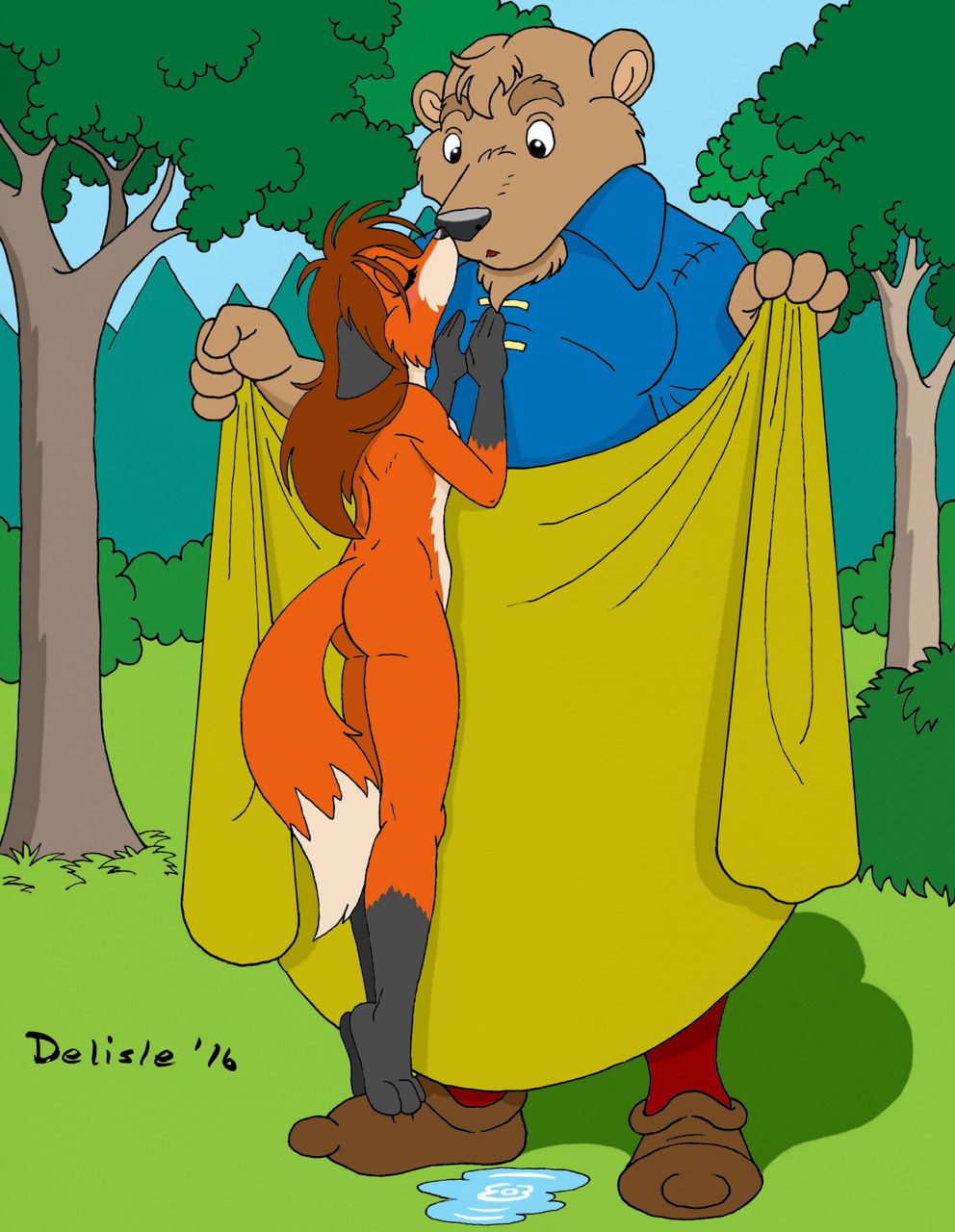 2016 anthro brown_body brown_fur brown_hair butt canid canine clothed clothed/nude clothed_male_nude_female clothing delisle duo eyes_closed female forest fox fur hair hi_res kissing larger_male male male/female mammal nude orange_body orange_fur outside plant size_difference smaller_female standing_on_toes towel tree ursid wet