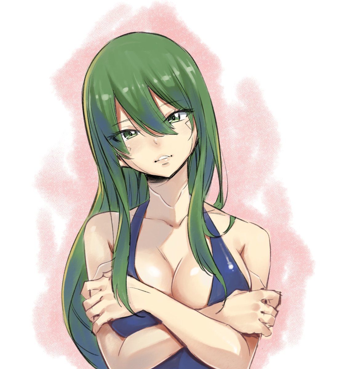 1girl bangs breasts cleavage collarbone crossed_arms eden's_zero eyebrows_visible_through_hair eyelashes green_eyes green_hair hair_between_eyes halterneck head_tilt highres large_breasts long_hair looking_at_viewer mashima_hiro parted_lips shiny shiny_hair sideboob sketch solo straight_hair upper_body very_long_hair white_background witch_regret