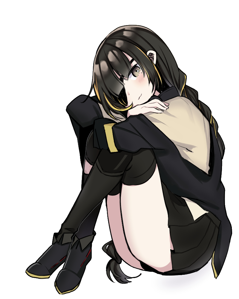 1girl :3 bangs black_hair black_legwear black_skirt blush boots braid commentary_request eyepatch full_body girls'_frontline hugging_own_legs jacket knee_pads korean_commentary long_hair looking_at_viewer m16a1_(girls'_frontline) mion_ing multicolored_hair off_shoulder simple_background single_braid single_thighhigh skirt smile solo streaked_hair thighhighs thighs very_long_hair white_background