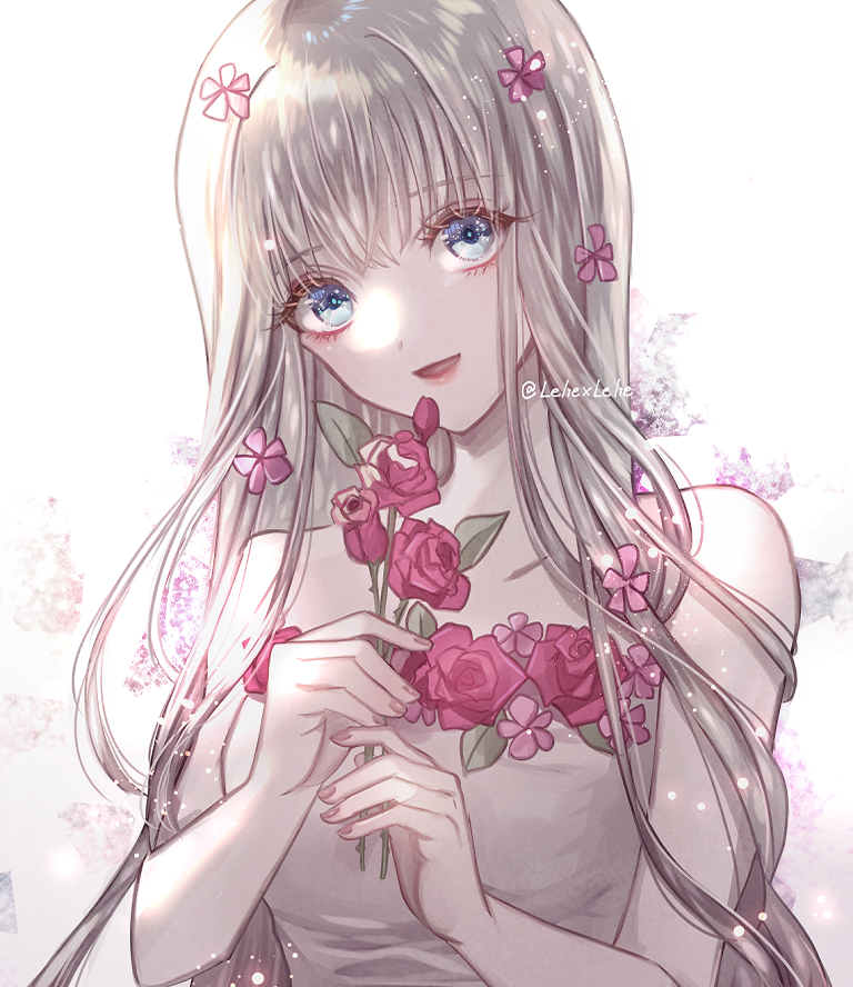 1girl :d bangs bare_shoulders blonde_hair breasts collarbone commission dress eyebrows_visible_through_hair flower happy holding holding_flower long_hair looking_at_viewer medium_breasts nail_polish off-shoulder_dress off_shoulder original pink_dress pink_nails red_flower skeb_commission smile solo twitter_username upper_body white_background z-epto_(chat-noir86)