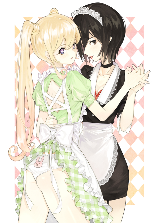 2girls apron back back_cutout black_choker black_hair blonde_hair blue_eyes blush bow bra bra_peek brown_eyes choker closed_mouth clothing_cutout collarbone comiket_87 diamond_cutout frills gradient gradient_eyes hand_on_another's_waist heart heart-shaped_pupils holding holding_hands long_hair looking_at_viewer looking_back mgg_(x_arte) multicolored_eyes multiple_girls original panties parted_lips patterned patterned_background patterned_clothing pink_lips pink_pupils purple_eyes red_bra red_lips short_hair smile symbol-shaped_pupils twintails underwear white_bow white_panties