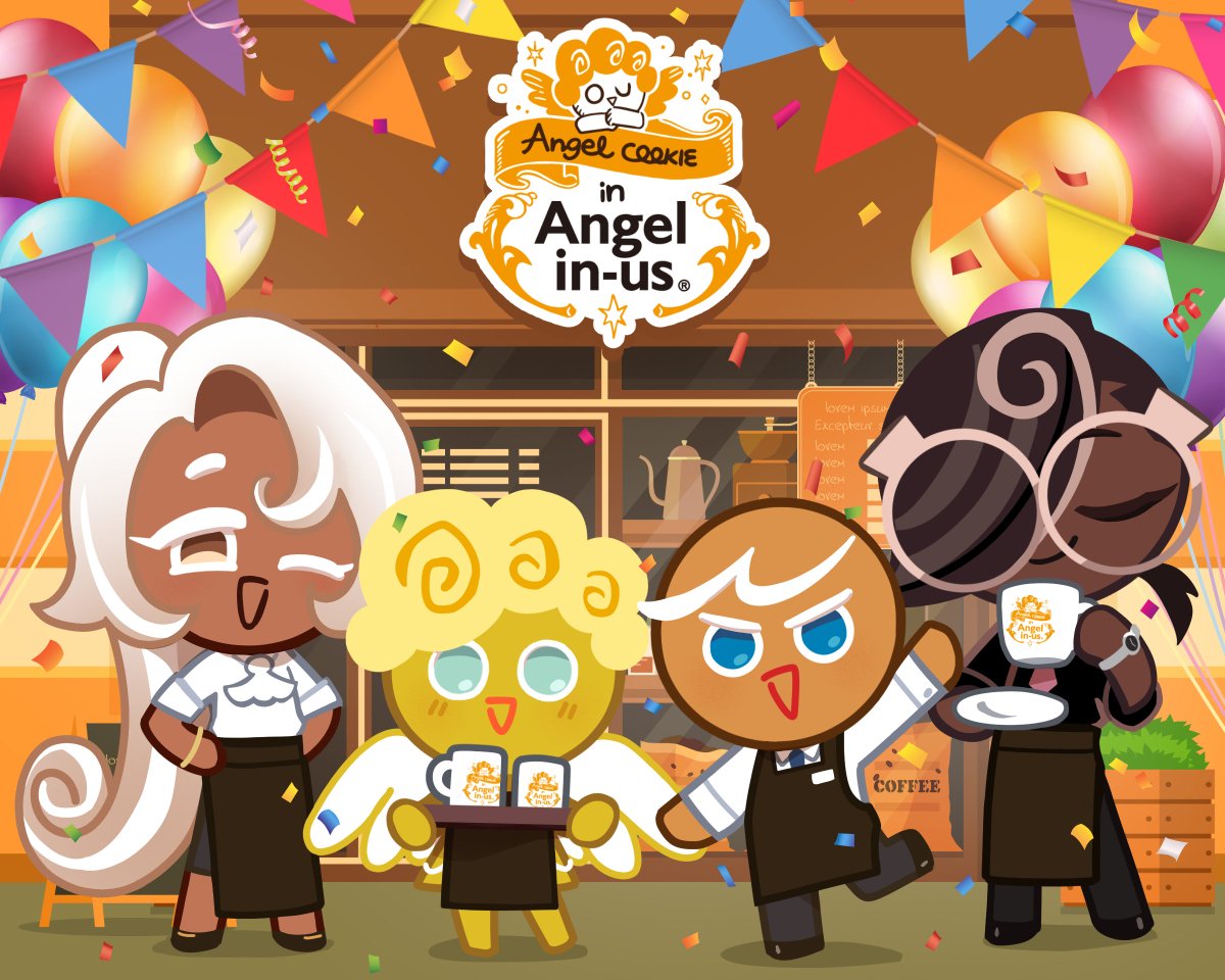 ambiguous_gender angel angel_cookie_(cookie_run) anonymous_artist apron balloon beverage black_bottomwear black_clothing black_pants blonde_hair blue_eyes blue_necktie bottomwear brown_body brown_hair brown_skin clock clothing coffee confetti cookie cookie_run dark_body dark_skin dessert digital_media_(artwork) english_text espresso_cookie_(cookie_run) eyes_closed eyewear feathered_wings feathers female flag food food_creature footwear gesture gingerbrave_(cookie_run) gingerbread_cookie gingerbread_man glasses group hair inflatable kettle latte_cookie_(cookie_run) logo male mug necktie not_furry official_art open_mouth pants plant ponytail round_glasses shirt shoes store text topwear tray unknown_artist video_games watch waving white_clothing white_hair white_shirt white_topwear wings yellow_body yellow_skin