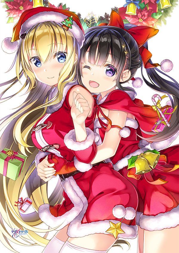 2girls bell black_hair blonde_hair blue_eyes blush bow bowtie box breasts christmas christmas_tree_hair_ornament copyright_request cowboy_shot eyebrows_visible_through_hair flat_chest fujima_takuya gift gift_box gloves hair_ornament hair_ribbon hug hug_from_behind large_breasts long_hair looking_at_viewer looking_to_the_side multiple_girls one_eye_closed purple_eyes red_bow red_bowtie red_gloves red_headwear red_ribbon ribbon simple_background star_(symbol) thighhighs thighs white_background white_legwear yuri