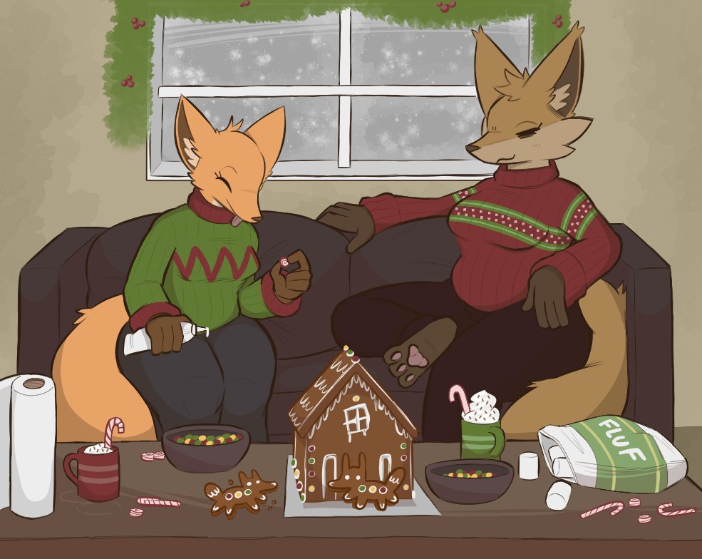 2021 anthro beverage biped blep brown_body brown_fur candy candy_cane canid canine chocolate christmas christmas_clothing christmas_decorations christmas_sweater christmas_topwear clothing dessert digital_media_(artwork) duo eyes_closed female food fox fur furniture gingerbread gingerbread_house holidays hot_chocolate inside mammal marshmallow multicolored_body multicolored_fur orange_body orange_fur sitting smile snow snowing sofa sweater tan_body tan_fur tongue tongue_out topwear trisha_fox_(zzx) zzx