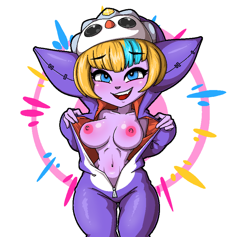 alternate_color big_breasts breasts clothed clothing female flashing flashing_breasts humanoid kigurumi league_of_legends marshort not_furry open_mouth open_smile pajamas partially_clothed riot_games simple_background smile solo tristana_(lol) video_games white_background yordle