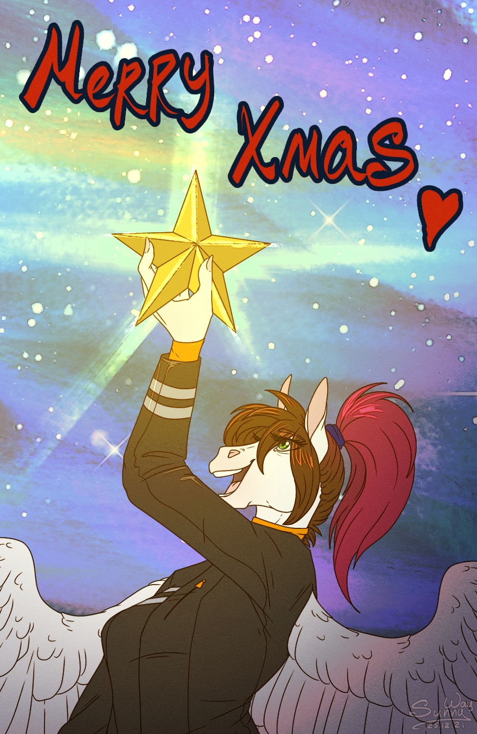 anthro christmas cute_expression digital_drawing_(artwork) digital_media_(artwork) equid equine female happy hi_res holidays horse light mammal merry_christmas night open_mouth pegasus sky solo solo_focus star sunny_way sunny_way_(character) unfinished wings xmas_present