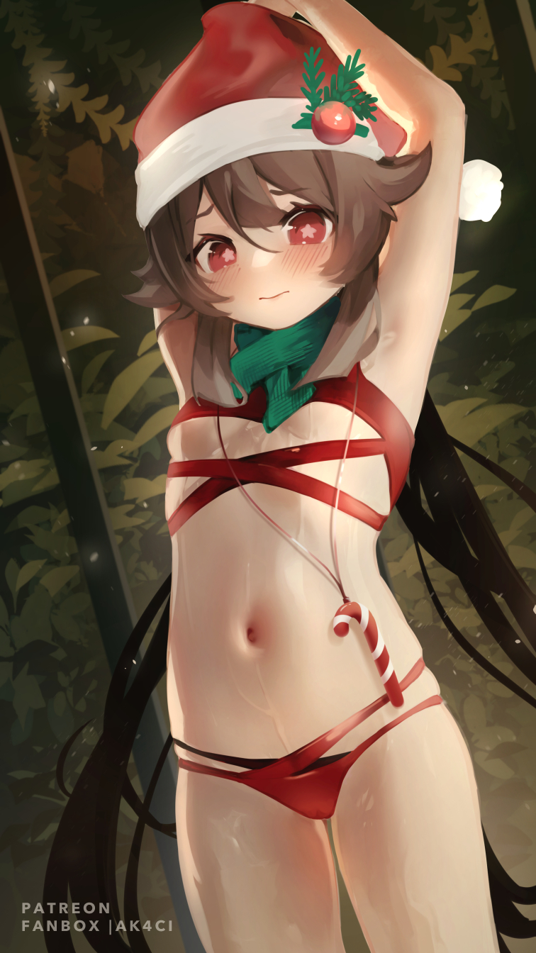 1girl ak4ci armpits arms_up bikini blush breasts brown_hair candy candy_cane food genshin_impact green_scarf hat highres hu_tao_(genshin_impact) looking_at_viewer navel red_bikini red_eyes red_headwear restrained santa_hat scarf small_breasts standing stomach swimsuit symbol-shaped_pupils tree twintails underboob