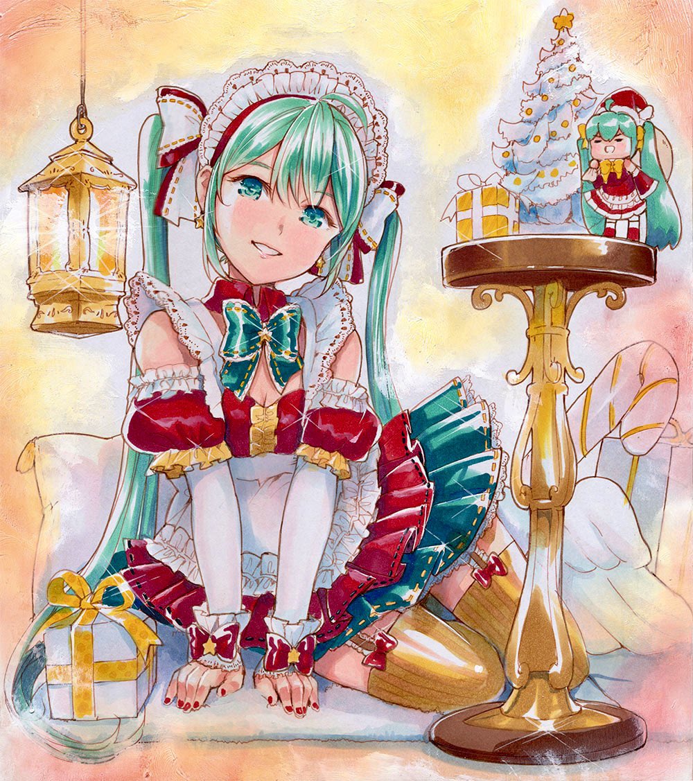 2girls =_= ahoge aqua_bow aqua_bowtie aqua_eyes aqua_hair bow bowtie box candy candy_cane carrying_bag carrying_over_shoulder chibi_miku_(mayo_riyo) christmas christmas_tree commentary detached_sleeves dress food frilled_sleeves frills fur-trimmed_headwear gift gift_box grin hair_ribbon hat hatsune_miku headdress lantern lips looking_at_viewer mayo_riyo minigirl multiple_girls pedestal pleated_dress puffy_detached_sleeves puffy_sleeves red_dress red_headwear red_nails red_ribbon ribbon santa_hat sitting smile standing traditional_media v-shaped_eyebrows vocaloid white_sleeves yellow_bow yellow_bowtie yokozuwari