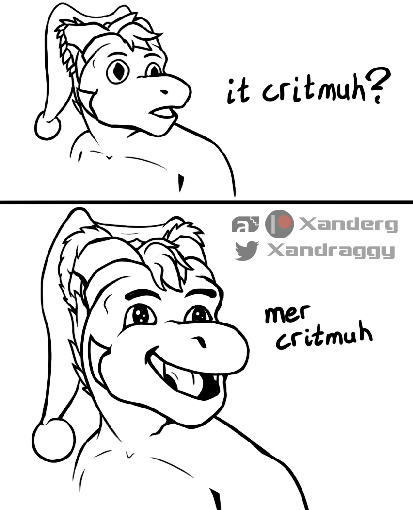 anthro christmas christmas_clothing christmas_headwear clothing colorless dialogue dragon english_text facial_spikes hair happy hat headgear headwear holidays horn jaw_spikes male open_mouth pupils santa_hat scalie slit_pupils solo sparkling_eyes spikes spikes_(anatomy) text tongue xanderg xanderg_(artist)