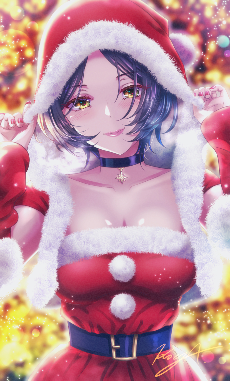 1girl belt black_choker blue_hair blurry blush bokeh breasts choker christmas christmas_lights cleavage collarbone depth_of_field detached_sleeves dress fur-trimmed_hood fur_trim hayami_kanade highres hood hooded_jacket idolmaster idolmaster_cinderella_girls jacket koya_(koya_x_00) light_particles lights lipstick long_sleeves looking_at_viewer makeup medium_breasts nail_polish parted_lips red_dress red_jacket santa_costume santa_dress short_hair signature smile solo sparkle star_(symbol) star_choker strapless strapless_dress upper_body yellow_eyes