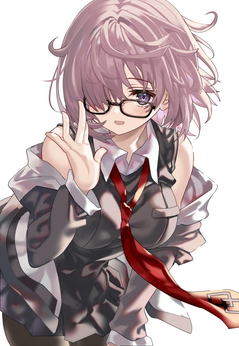 1girl bangs black_dress black_legwear breasts dress fate/grand_order fate_(series) glasses grey_jacket hair_over_one_eye highres jacket large_breasts light_purple_hair long_sleeves looking_at_viewer mash_kyrielight necktie off_shoulder open_clothes open_jacket open_mouth pantyhose purple_eyes shino_(eefy) short_hair smile solo thighs
