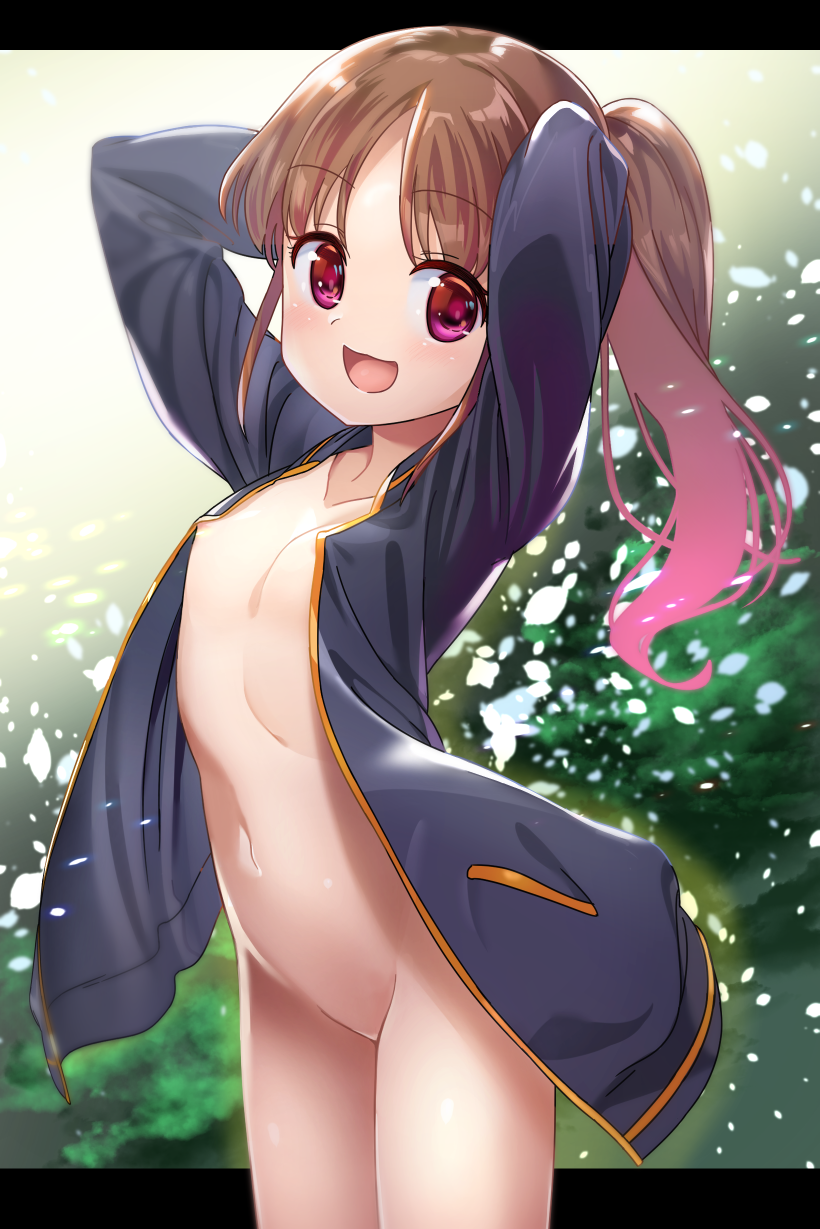 1girl arms_up bangs blue_jacket blush bottomless brown_hair commentary cowboy_shot eyebrows_visible_through_hair flat_chest hands_in_hair highres jacket letterboxed long_hair long_sleeves looking_at_viewer naked_jacket navel nipple_slip nipples no_pussy numenume_(powa-ogutyogutyo) open_clothes open_jacket open_mouth ponytail purple_eyes saki saki_achiga-hen smile solo standing takakamo_shizuno track_jacket