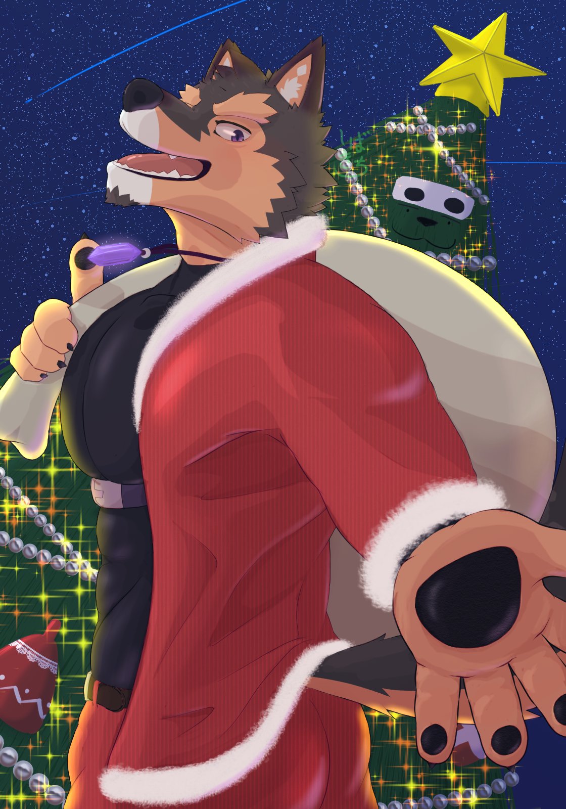 anthro brown_body brown_fur butt canid canine canis christmas christmas_clothing christmas_lights christmas_tree clothing domestic_dog eyebrows fur hi_res holidays lifewonders live-a-hero male mammal pawpads plant pubraseer purple_eyes shi_ba_ki_chi sky solo star starry_sky thick_eyebrows tree video_games