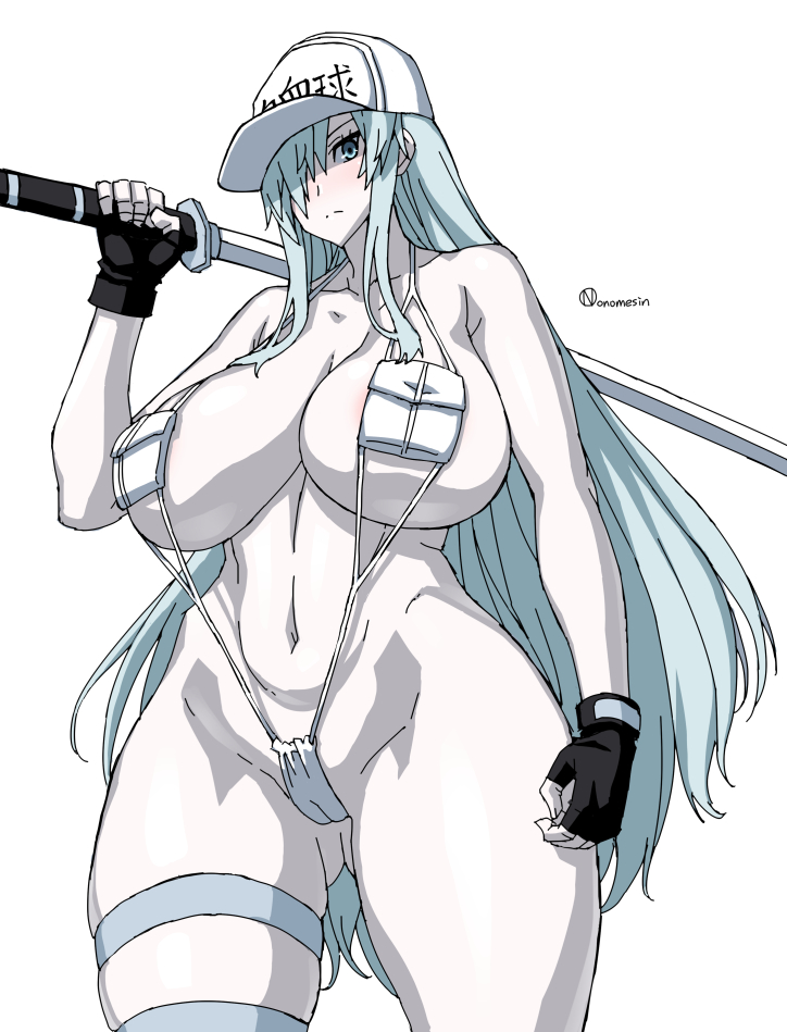 1girl adapted_uniform artist_name ass_visible_through_thighs bare_shoulders black_gloves breast_pocket breasts cameltoe closed_mouth collarbone colored_skin curvy fingerless_gloves gloves hair_over_one_eye hat hataraku_saibou hataraku_saibou_black holding holding_sword holding_weapon huge_breasts katana legs_apart light_frown long_hair looking_at_viewer navel onomeshin pocket simple_background skindentation slingshot_swimsuit solo standing swimsuit sword thick_thighs thigh_strap thighs very_long_hair weapon white_background white_blood_cell_(hataraku_saibou) white_headwear white_skin white_swimsuit