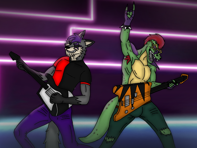 alligator alligatorid anthro canid canine canis crocodilian duo electric_guitar five_nights_at_freddy's five_nights_at_freddy's:_security_breach fur green_body green_skin grey_body grey_fur guitar hair male male/male mammal montgomery_gator_(fnaf) music musical_instrument nicolasthewolf plucked_string_instrument purple_hair reptile rock scalie scottgames string_instrument video_games wolf