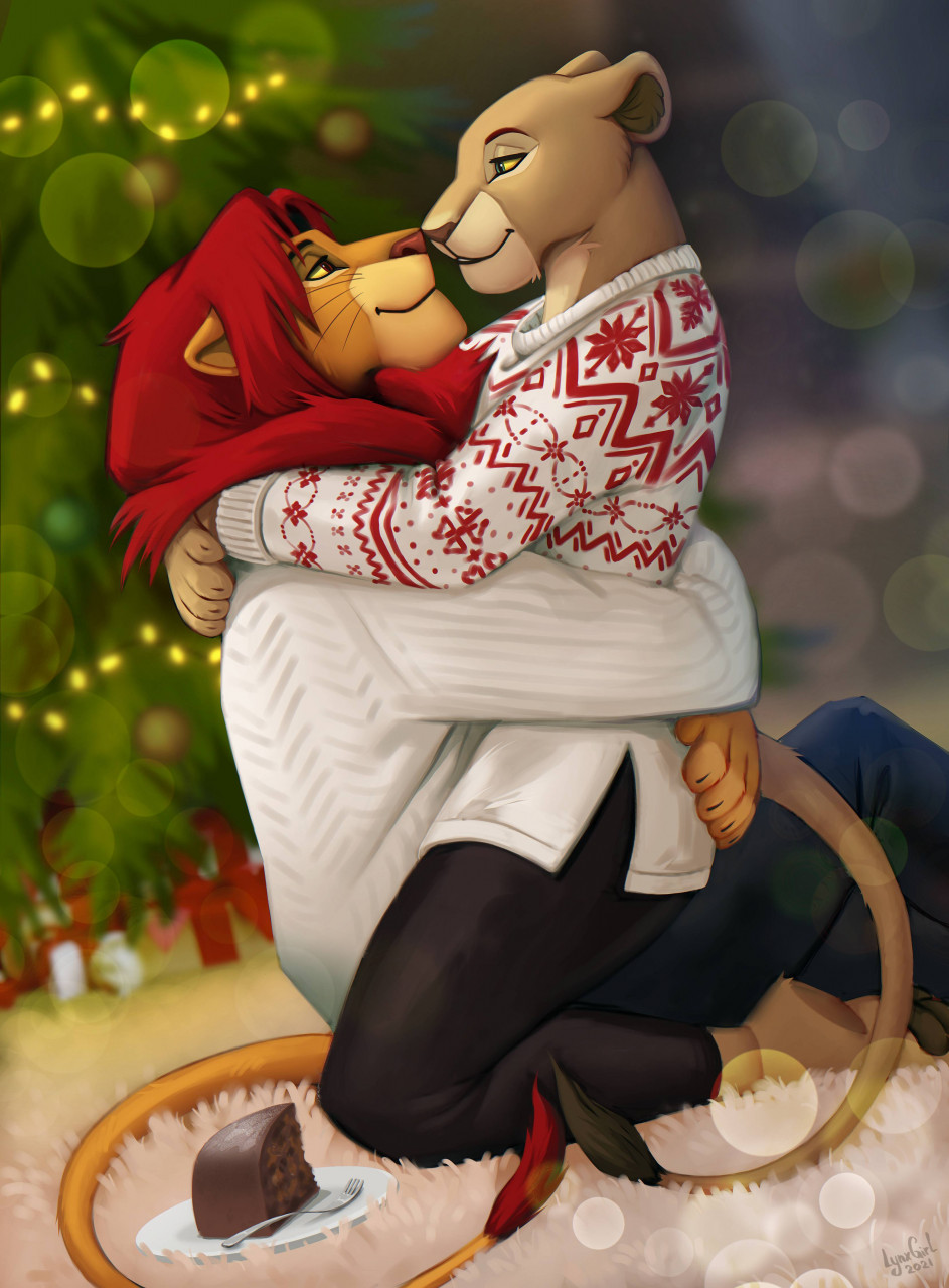 2021 5_fingers anthro arm_around_neck barefoot bottomwear cake cake_slice christmas christmas_clothing christmas_sweater christmas_topwear christmas_tree claws clothed clothing dessert disney duo embrace eye_contact face_to_face feet felid female finger_claws fingers food fur hand_on_back handpaw hi_res hindpaw holidays hug lion looking_at_another male male/female mammal mane nala nose_to_nose on_lap pantherine pants pawpads paws plant reallynxgirl red_mane romantic romantic_couple signature simba sitting smile sweater tan_body tan_fur the_lion_king toes topwear tree yellow_body yellow_fur