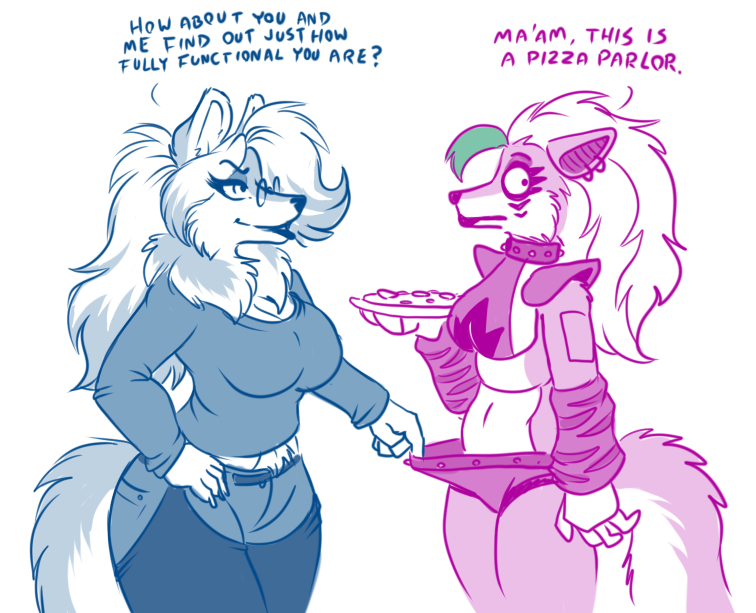 2021 animatronic anthro biped bottomwear breasts canid canine canis clothing collar dialogue digital_media_(artwork) duo ear_piercing ear_ring english_text eyewear female female/female fenrir_lunaris five_nights_at_freddy's five_nights_at_freddy's:_security_breach flirting food glasses harassment humor lassie_lunaris machine mammal neck_tuft piercing pizza robot roxanne_wolf_(fnaf) scottgames shorts simple_background smile text tuft video_games white_background wolf