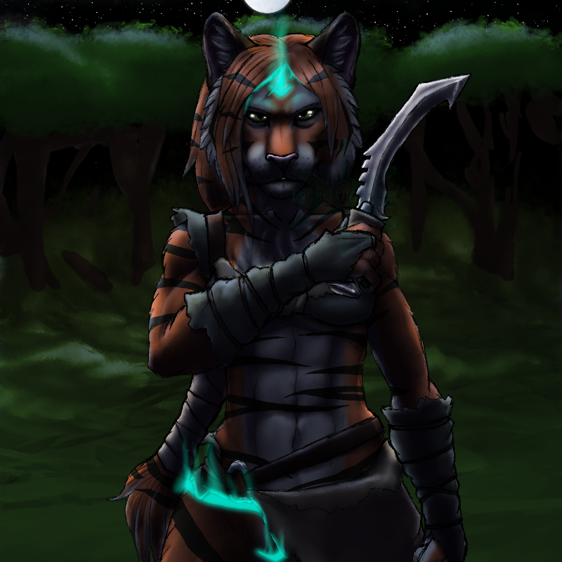 armor belly belt black_stripes bracers felid female forest frostwyrm102 fur glowing glowing_markings green_eyes knife mammal markings moon orange_body orange_fur pantherine plant solo stripes tiger tree tribal_clothing white_belly white_body white_fur wrapped_hair