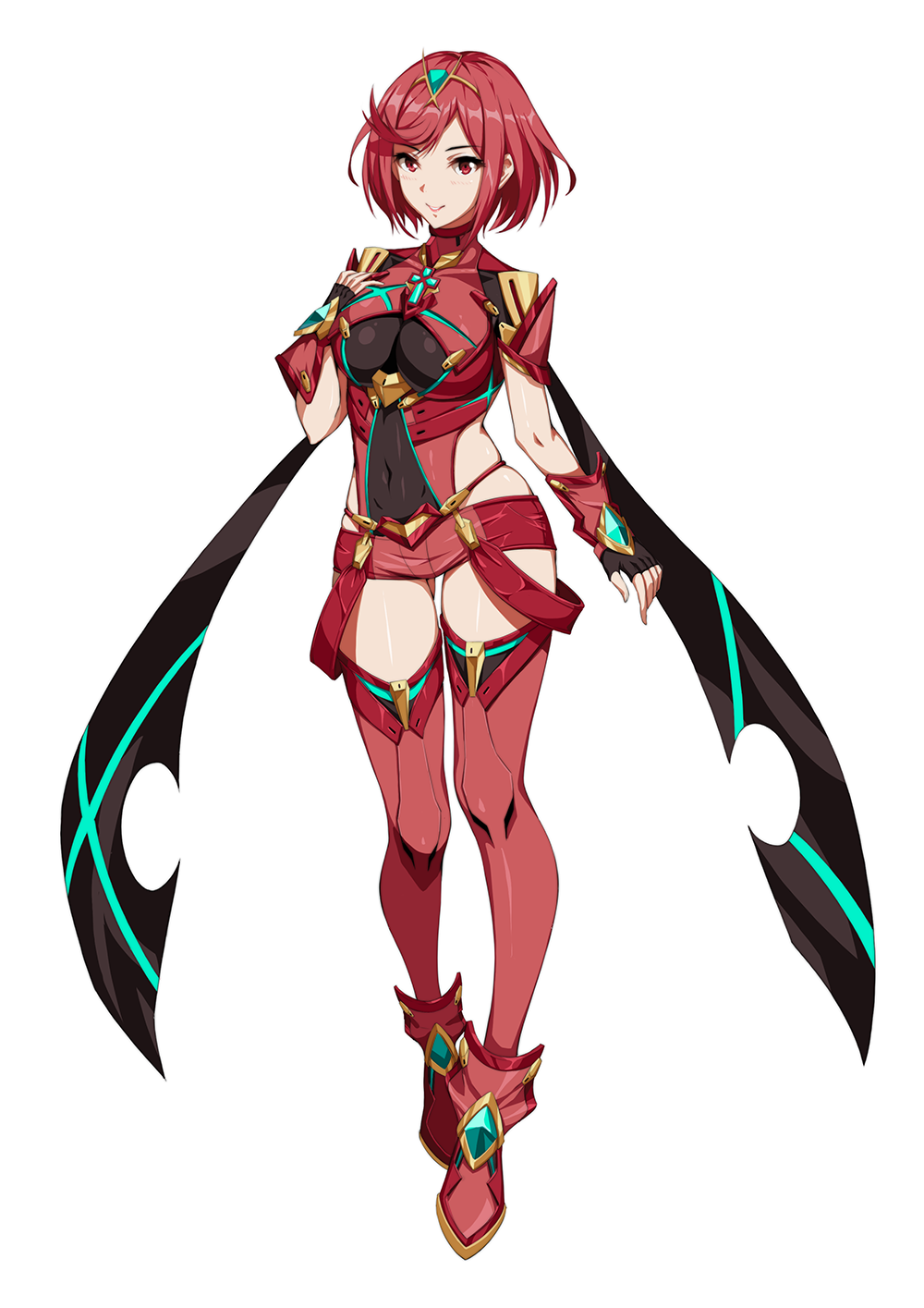 1girl armor bangs breasts earrings eiba_(pixiv4386678) fingerless_gloves gem gloves hair_ornament headpiece highres jewelry large_breasts looking_at_viewer nintendo pose red_eyes red_hair red_shorts short_hair short_shorts shorts simple_background smile solo swept_bangs tiara white_background xenoblade_(series) xenoblade_2