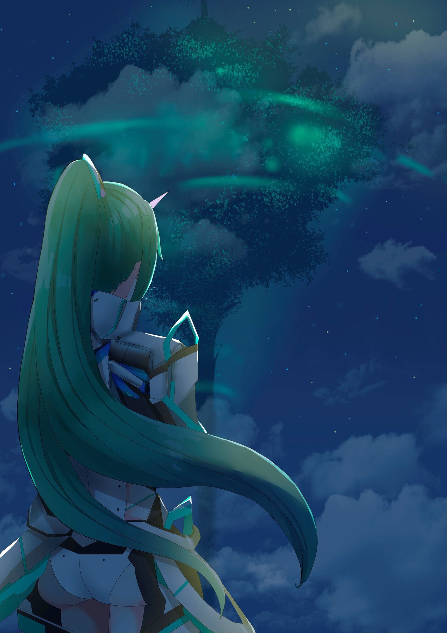 1girl armor ass back green_hair hair_ornament headpiece highres long_hair nano_mik nintendo pneuma_(xenoblade_2) ponytail solo spoilers tiara very_long_hair xenoblade_(series) xenoblade_2