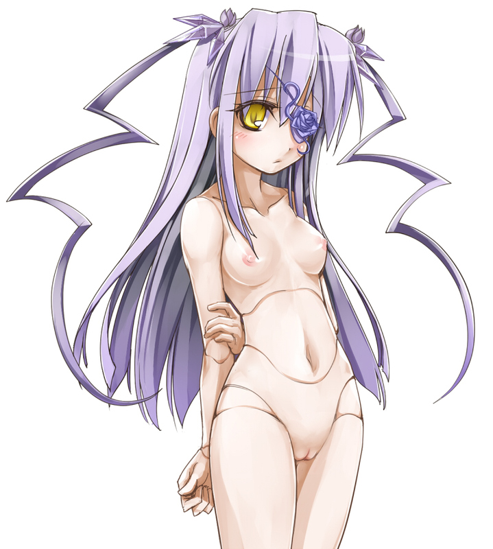 barasuishou blush breasts doll_joints eyepatch hair_ornament long_hair medium_breasts navel nipples nude purple_hair pussy rozen_maiden sasa_ichi small_breasts solo twintails yellow_eyes