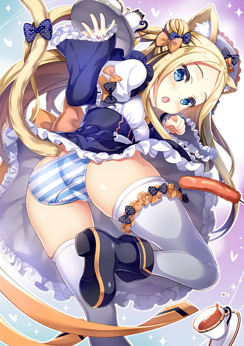 1girl abigail_williams_(fate/grand_order) alternate_costume animal_ears apron ass bangs black_bow black_dress black_footwear blonde_hair blue_eyes blue_panties blush boots bow breasts cat_ears cat_tail cup double_bun dress enmaided fate/grand_order fate_(series) forehead frills fujima_takuya gradient gradient_background hair_bow hair_bun heart juliet_sleeves kettle long_hair long_sleeves looking_at_viewer looking_back maid maid_headdress open_mouth orange_bow orange_ribbon panties parted_bangs polka_dot polka_dot_bow puffy_sleeves ribbon small_breasts solo striped striped_panties tail teacup thighhighs thighs tray underwear upskirt white_legwear wide_sleeves