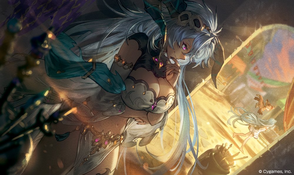 2girls black_nails blue_hair blurry blurry_foreground bra breast_hold breasts cleavage closed_mouth commentary_request company_name copyright_name dark-skinned_female dark_skin detached_sleeves dragon dutch_angle fang fediel_(granblue_fantasy) glint granblue_fantasy grey_hair hand_to_own_mouth horns large_breasts loincloth long_hair lyria_(granblue_fantasy) market_stall multiple_girls navel official_art pelvic_curtain shadow shrug_(clothing) smile solo_focus strapless strapless_bra underwear vase very_long_hair vyrn_(granblue_fantasy)