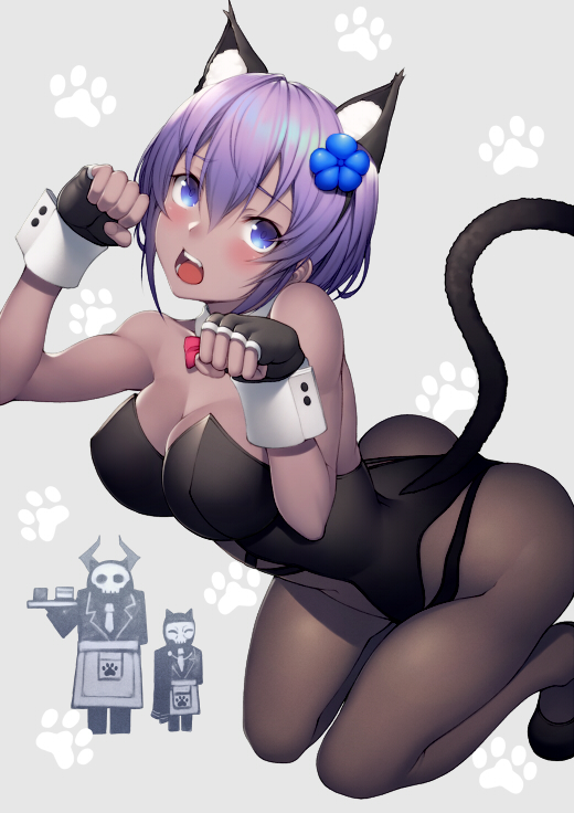 1girl 2boys animal_ears apron banned_artist bare_arms bare_shoulders black_legwear blush bodysuit breasts cat_ears cat_tail cleavage dark-skinned_female dark_skin fake_animal_ears fake_tail fate/grand_order fate_(series) flower formal gloves hair_flower hair_ornament hassan_of_serenity_(fate) hassan_of_the_cursed_arm_(fate) king_hassan_(fate) kyoeiki looking_at_viewer multiple_boys open_mouth pantyhose playboy_bunny purple_eyes purple_hair ribbon short_hair squatting suit tail thighhighs wrist_cuffs