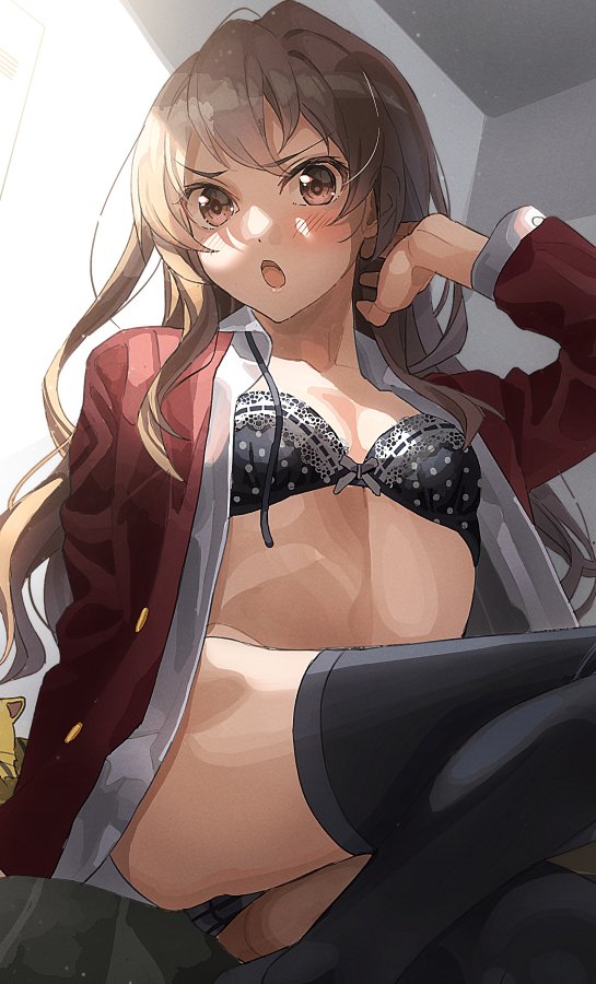 1girl aisaka_taiga arm_support bangs black_bra black_legwear black_panties blush bow bow_bra bra breasts brown_eyes brown_hair collarbone collared_shirt eyebrows_visible_through_hair feet_out_of_frame furrowed_brow hair_between_eyes hand_on_own_face indoors jacket lace lace_bra long_hair looking_at_viewer open_clothes open_mouth open_shirt panties polka_dot polka_dot_bra red_jacket shirt sidelocks sitting small_breasts solo thighhighs tipii toradora! underwear undone_neck_ribbon very_long_hair white_shirt