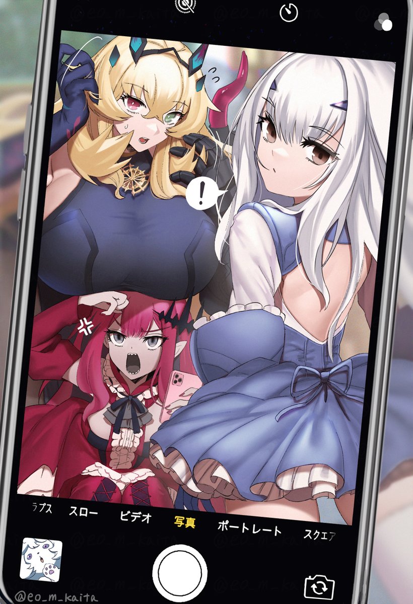 ! 3girls anger_vein backless_dress backless_outfit bangs black_ribbon blonde_hair blue_dress breast_rest breasts breasts_on_head brown_eyes cellphone cellphone_picture center_frills closed_mouth commentary_request detached_collar detached_sleeves dress eyebrows_visible_through_hair fairy_knight_gawain_(fate) fairy_knight_lancelot_(fate) fairy_knight_tristan_(fate) fate/grand_order fate_(series) flying_sweatdrops fou_(fate) frilled_dress frills gauntlets green_eyes grey_eyes hair_between_eyes hands_in_hair heterochromia highres holding holding_phone huge_breasts kaita_(mokamilkcup) long_hair looking_at_viewer medium_breasts multiple_girls neck_ribbon open_mouth phone pink_eyes pointy_ears purple_dress purple_hair purple_sleeves ribbon sharp_teeth sidelocks sitting smartphone speech_bubble taking_picture teeth tongue twitter_username two-tone_dress very_long_hair white_dress white_hair
