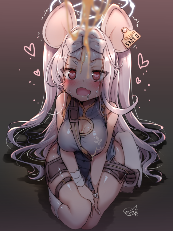 1girl animal_ears black_background blue_archive blush breasts cheese chinese_clothes cleavage doyouwantto fang food heart heart-shaped_pupils large_breasts looking_at_viewer mouse_ears open_mouth red_eyes saliva saya_(blue_archive) sitting solo symbol-shaped_pupils thighs