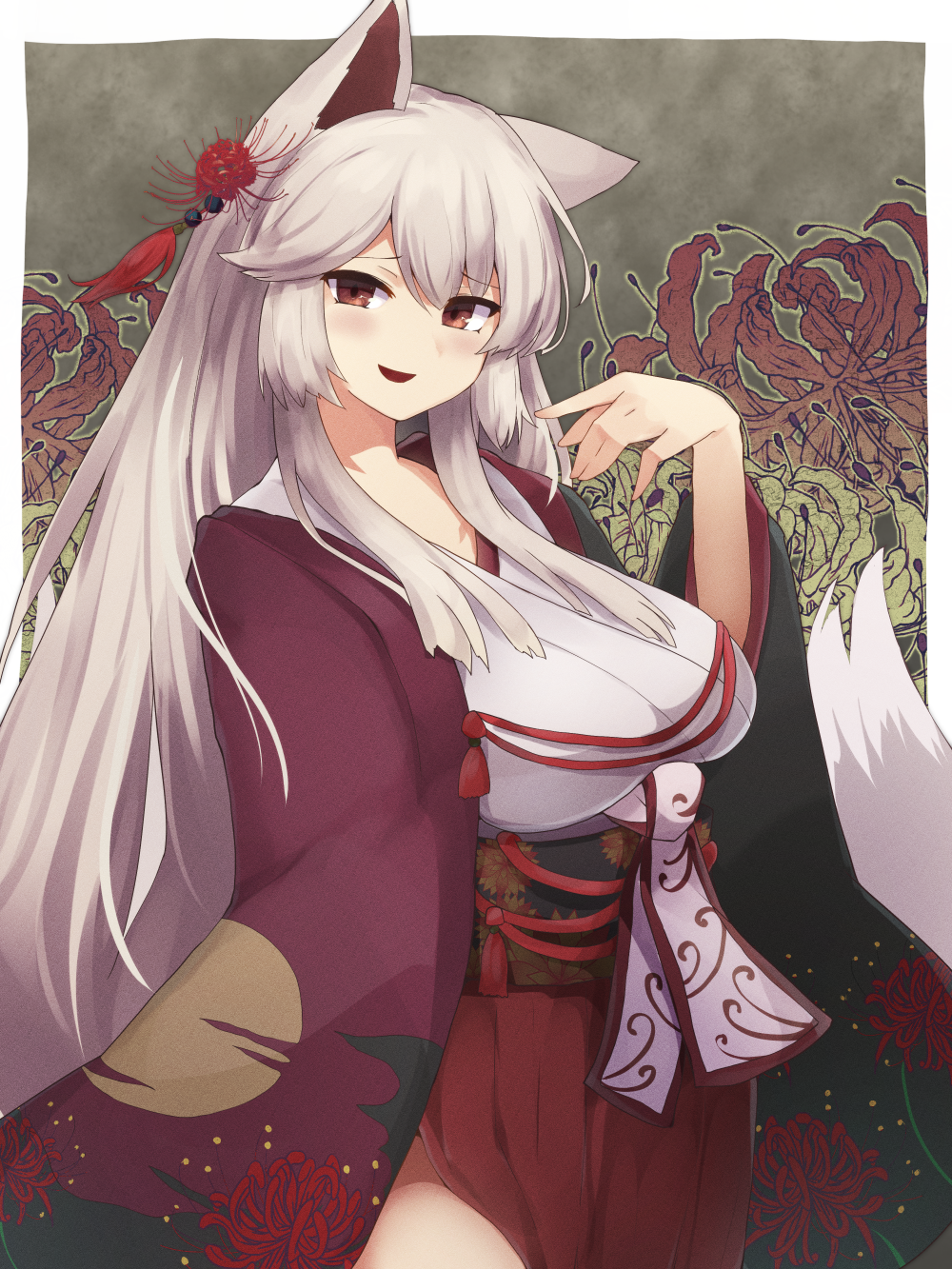 1girl :d animal_ears bangs breasts brown_eyes commentary_request eyebrows_visible_through_hair flower flower_knight_girl fox_ears fox_girl fox_tail grey_hair hair_ornament higanbana_(flower_knight_girl) highres japanese_clothes kimono long_hair looking_at_viewer obi sash sidelocks smile solo tail very_long_hair yonaga