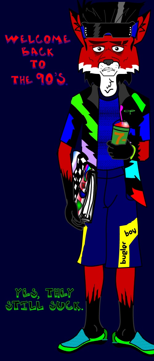 2005 anthro beverage black_hair black_nose canid canine clothed clothing concerned english_text eye_bags fox fredryk_phox fully_clothed fur hair inner_ear_fluff leg_markings male mammal markings multicolored_body multicolored_fur neon simple_background socks_(marking) solo text tuft