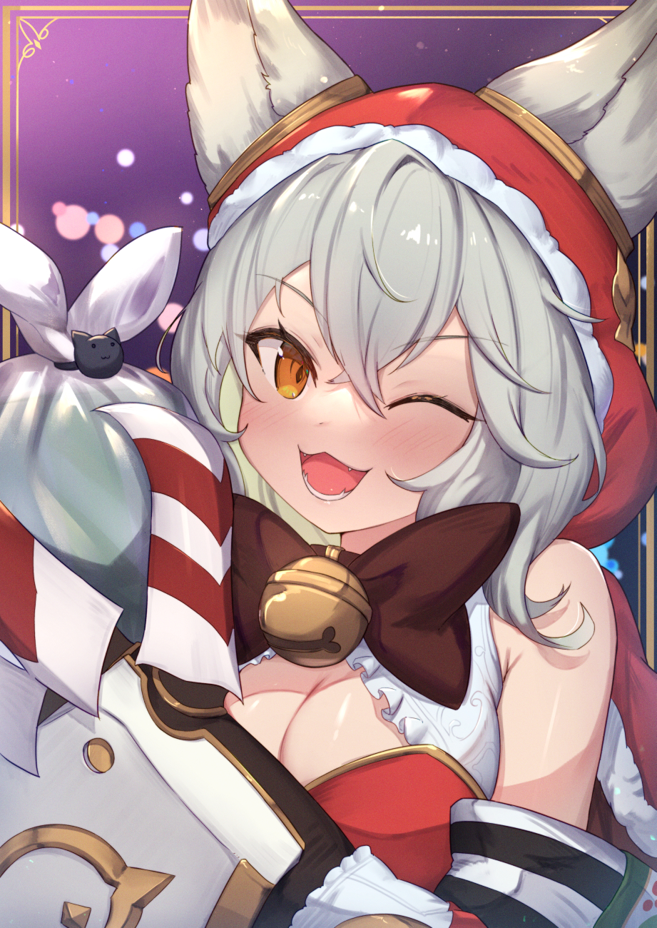 1girl ;d bangs bell blush bow breasts brown_bow brown_eyes capelet christmas cleavage commentary_request ears_through_headwear eyebrows_visible_through_hair fur-trimmed_capelet fur-trimmed_hood fur_trim granblue_fantasy grey_hair hair_between_eyes highres hood hood_up hooded_capelet jingle_bell looking_at_viewer medium_breasts one_eye_closed red_capelet sen_(granblue_fantasy) smile solo uneg upper_body