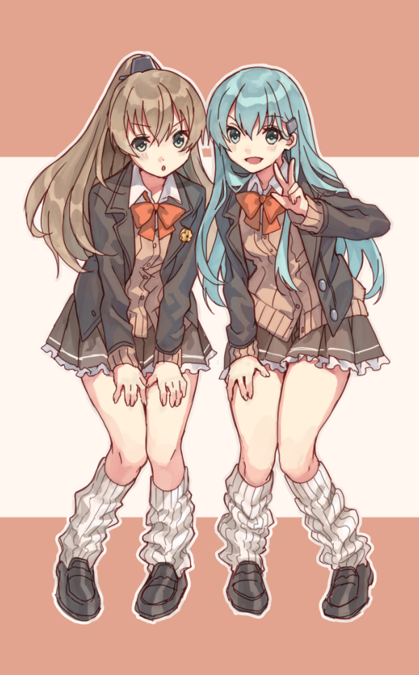 2girls aqua_eyes aqua_hair blazer blue_eyes bow bowtie brown_hair brown_jacket brown_skirt cardigan commentary_request commission frilled_skirt frills green_eyes hair_ornament hairclip jacket kantai_collection kumano_(kancolle) long_hair looking_at_viewer loose_socks mitsuyo_(mituyo324) multiple_girls pleated_skirt ponytail red_bow red_bowtie remodel_(kantai_collection) school_uniform skirt squatting suzuya_(kancolle) v