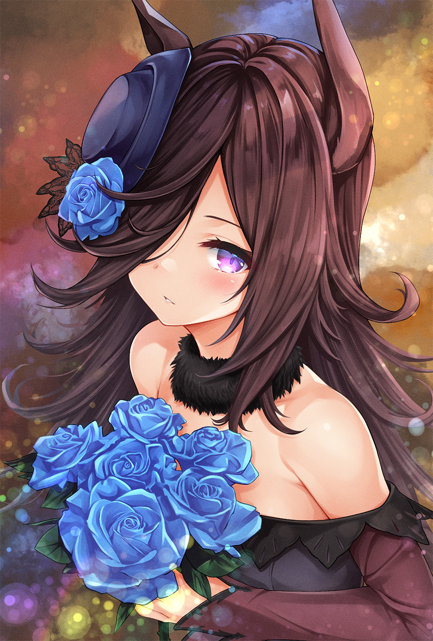 1girl animal_ears black_dress black_headwear blue_flower blue_rose blush bouquet brown_hair dress flower hair_over_one_eye harino646 hat hat_flower highres holding holding_bouquet horse_ears horse_girl long_hair long_sleeves off-shoulder_dress off_shoulder open_mouth purple_eyes rice_shower_(umamusume) rose solo tilted_headwear umamusume upper_body