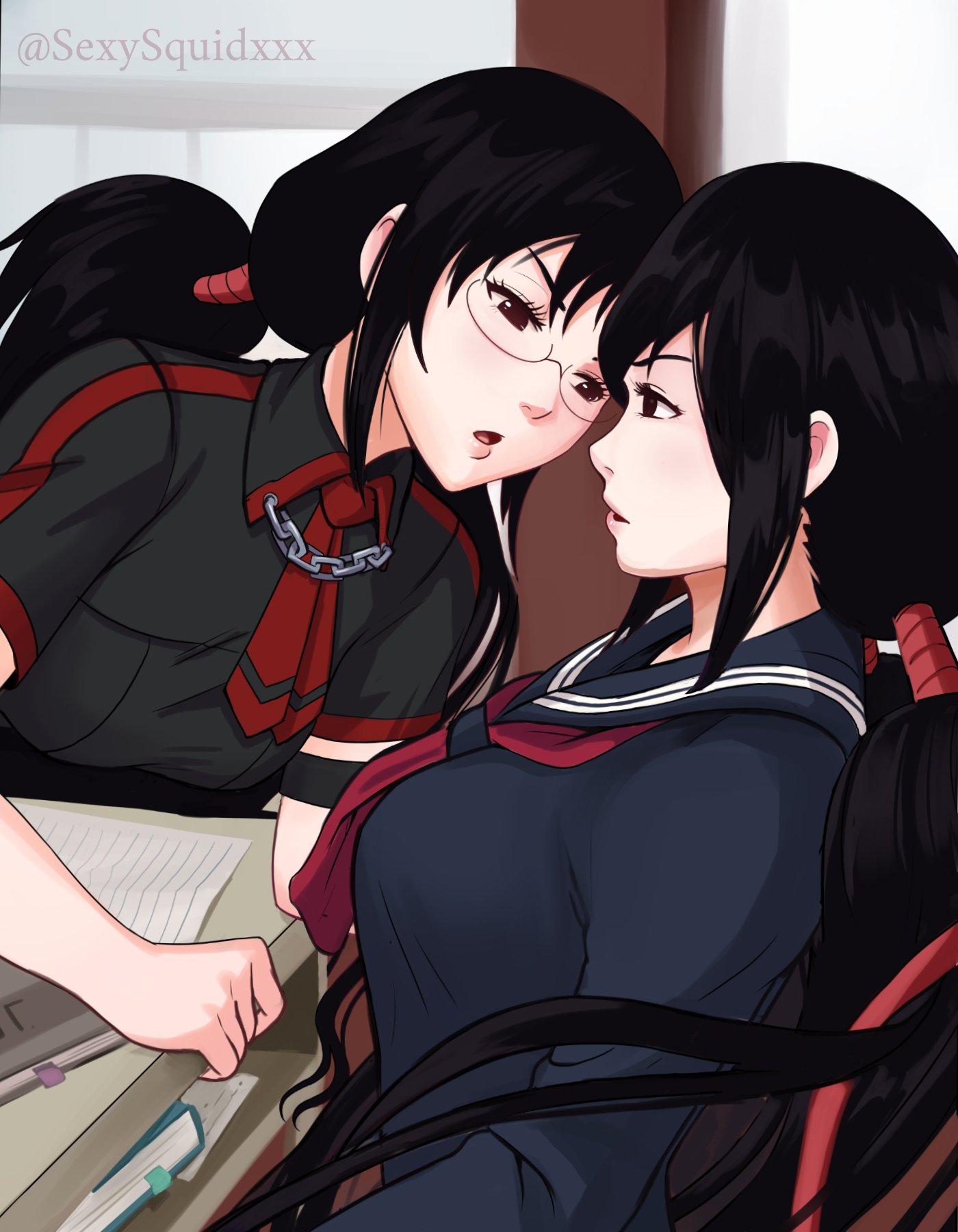 2girls black_hair blood-c blush book breasts classroom desk glasses highres imminent_kiss indoors kisaragi_saya large_breasts long_hair looking_at_another multiple_girls open_mouth ponytail school_uniform sexy_squid shiny shiny_hair twintails upper_body yuri